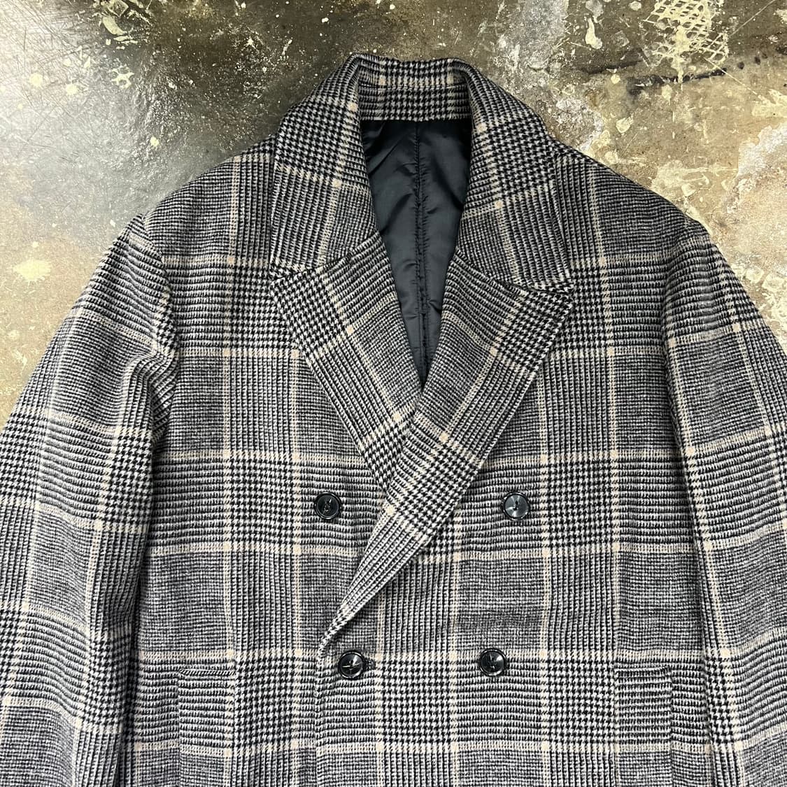 M) 플랙 오버핏 더블버튼 체크 울코트 상품이미지2