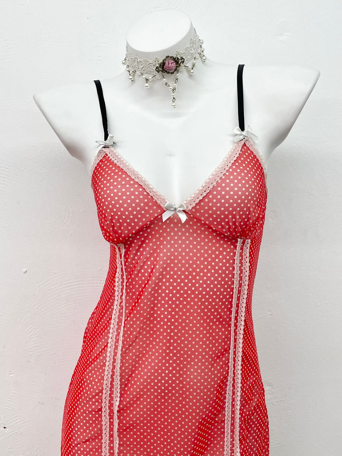 갸루 레드 도트 키치 슬립 상품이미지2