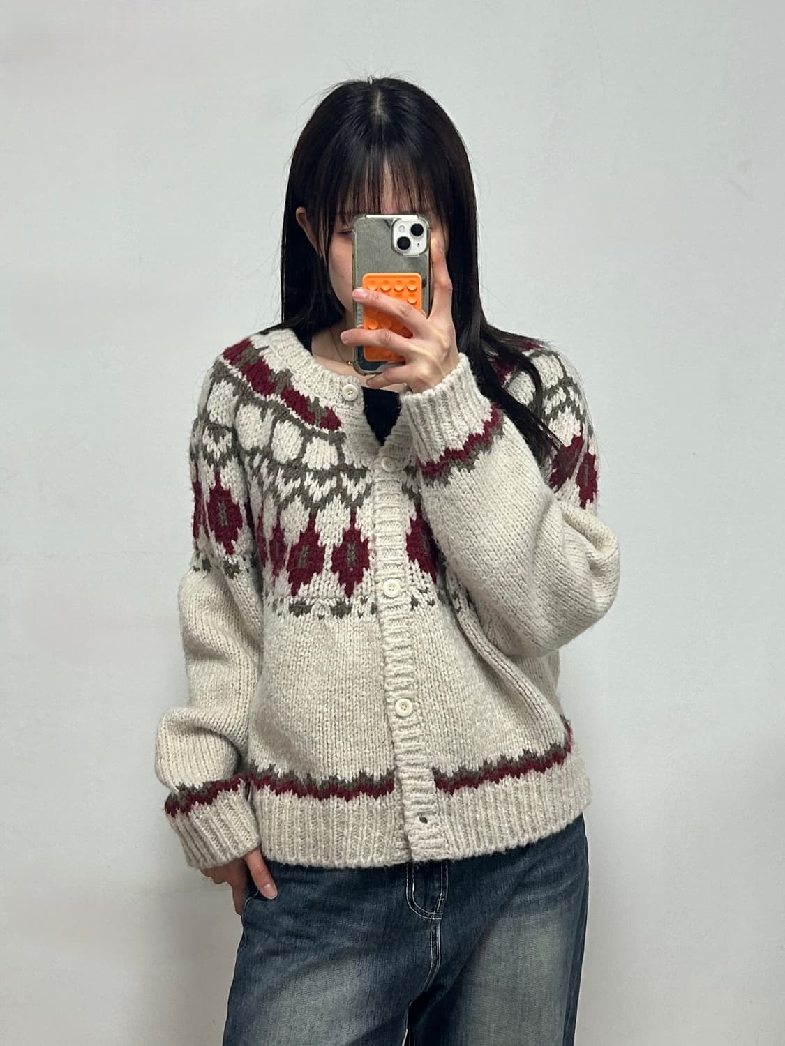 노운베러 다이아몬드 자카드 울 블렌드 가디건 오트밀 상품이미지1