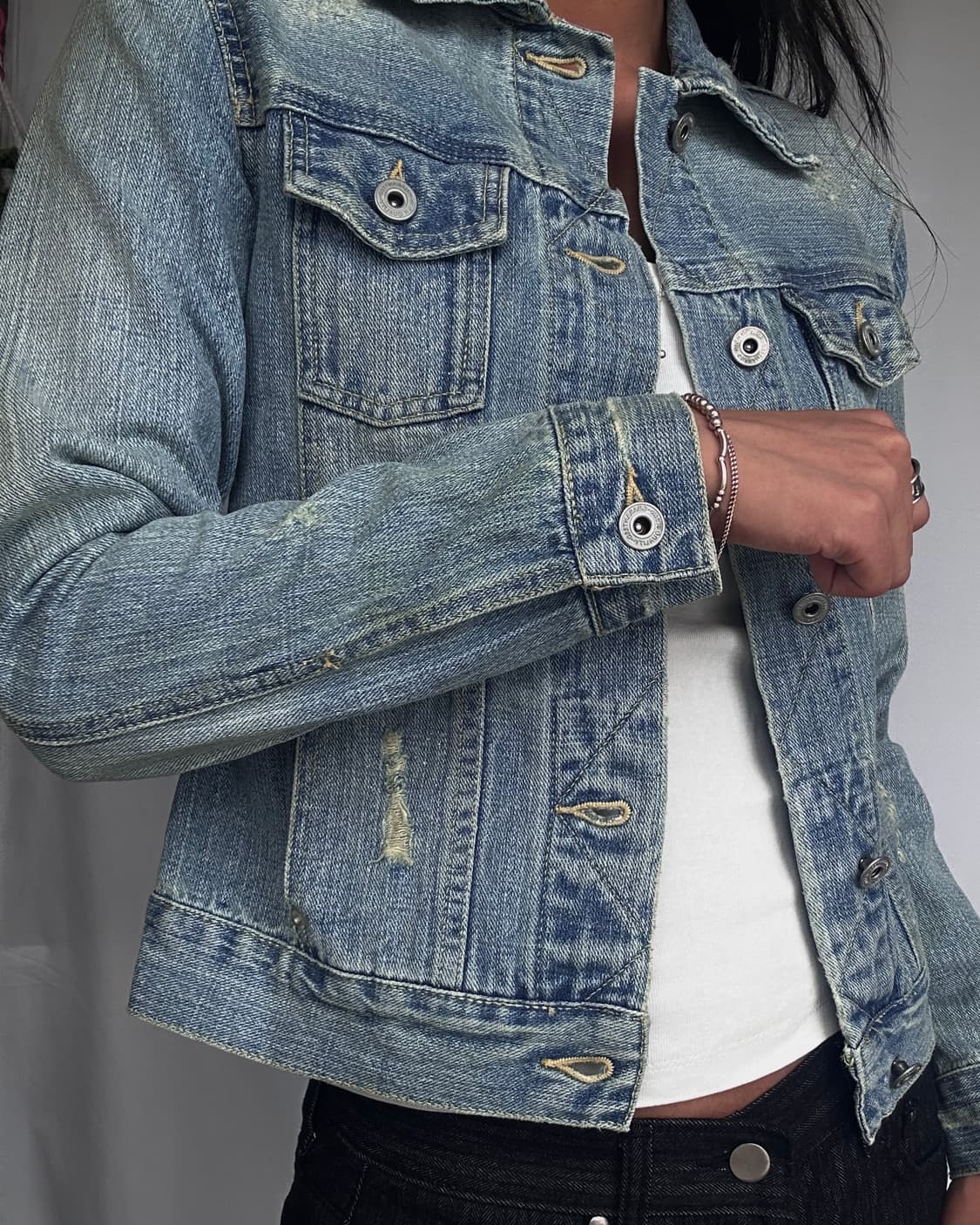 빈티지 화이트펄 데미지드 연청 데님자켓 상품이미지3