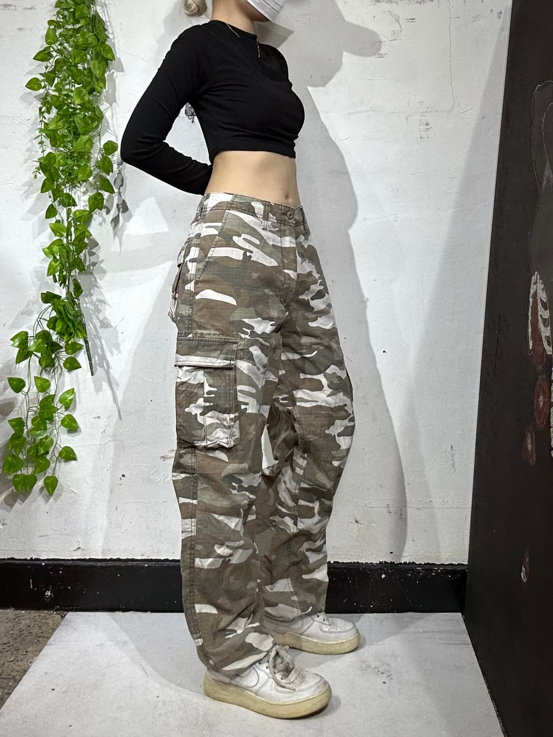 일본 빈티지 베이지 밀리터리 카모 립스타 와이드 카고 팬츠 군대 바지 M 상품이미지1