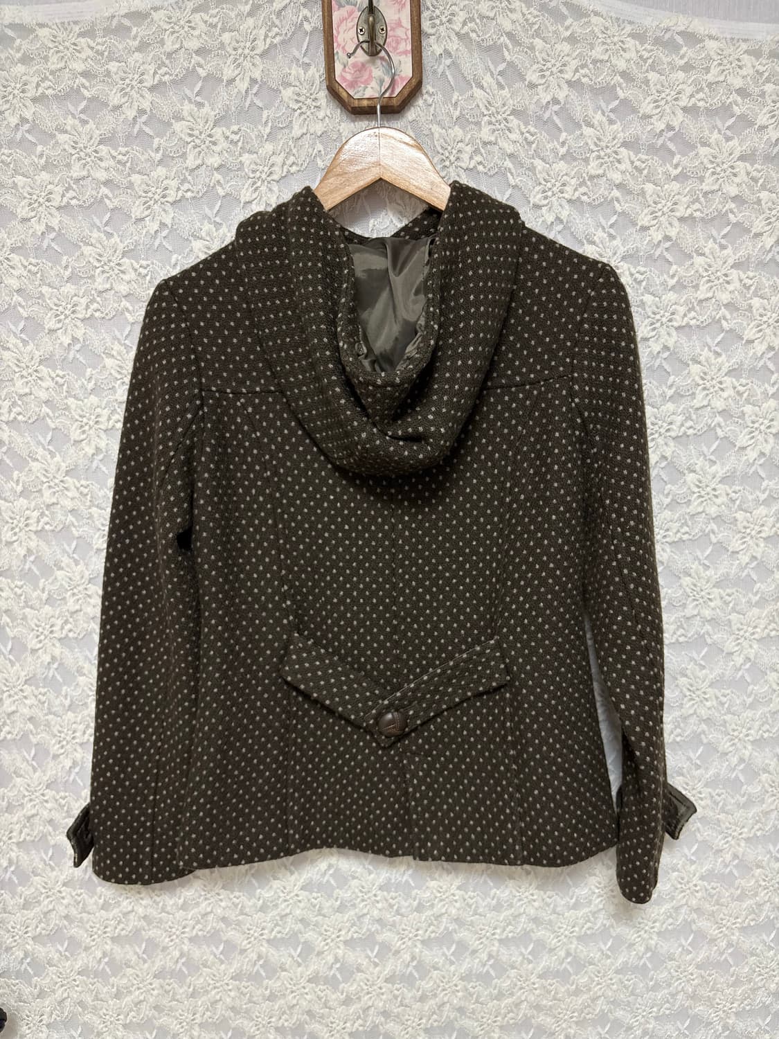 카키브라운 도트 후드 코트 상품이미지7