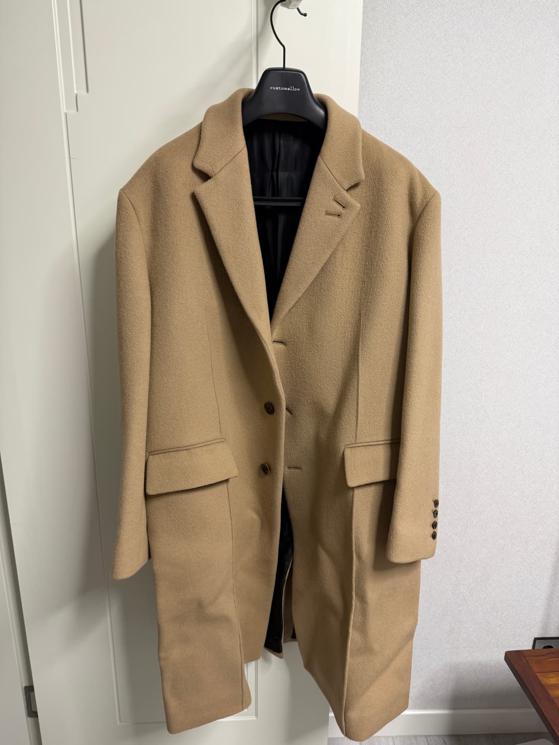 STU 3버튼 오버핏 핀턱 카멜 코트 상품이미지2