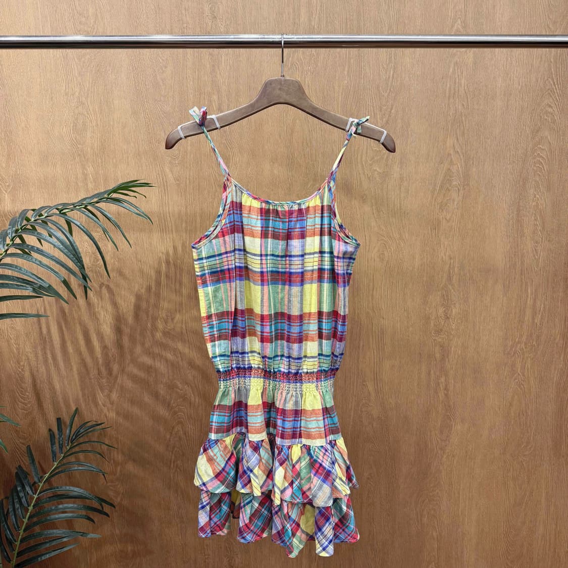 폴로 랄프 로렌 멀티 체크 슬리브리스 원피스 셔링 허리 밴딩 프릴 디테일 상품이미지1