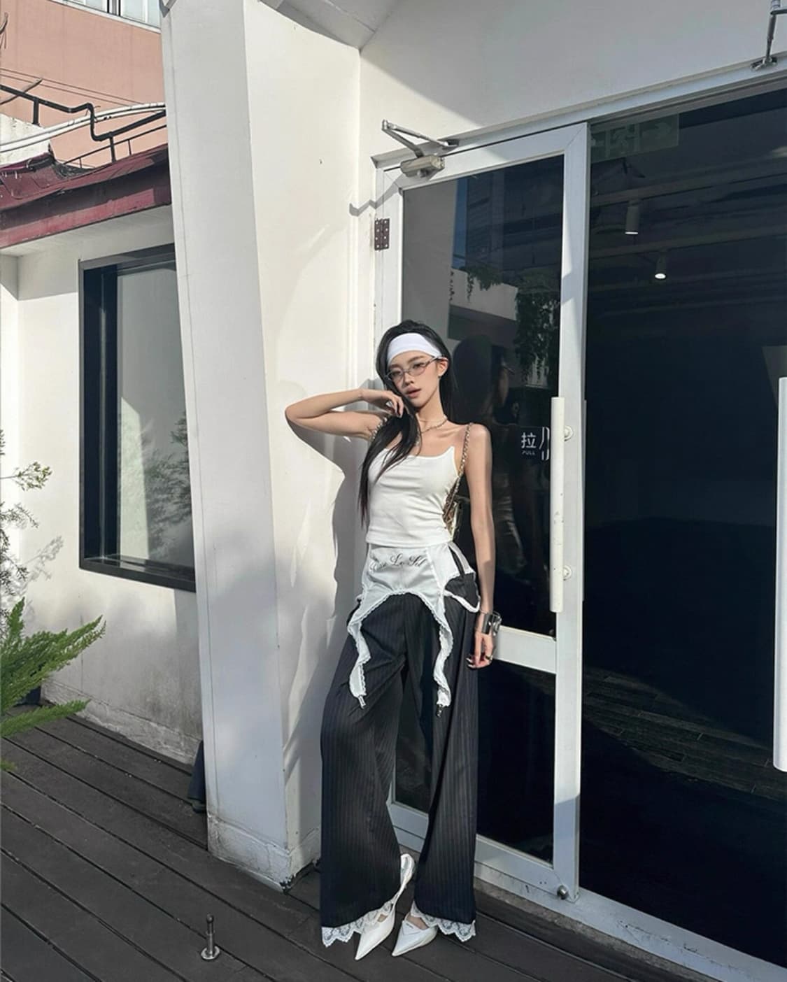 레이스 그레이 스트라이프 슬랙스 상품이미지1