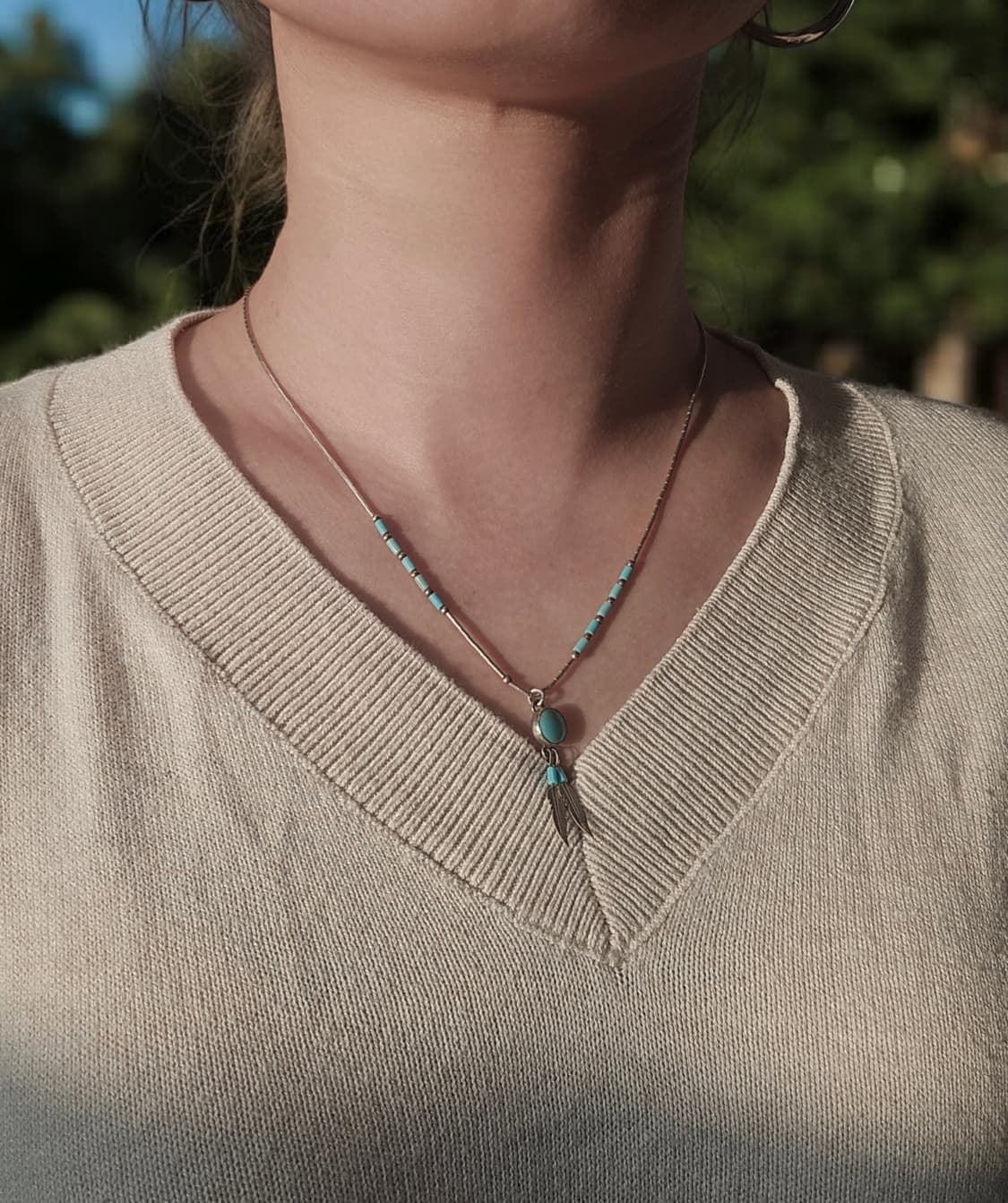 🇺🇸네이티브 아메리칸 실버 터키석 깃털 목걸이 상품이미지1