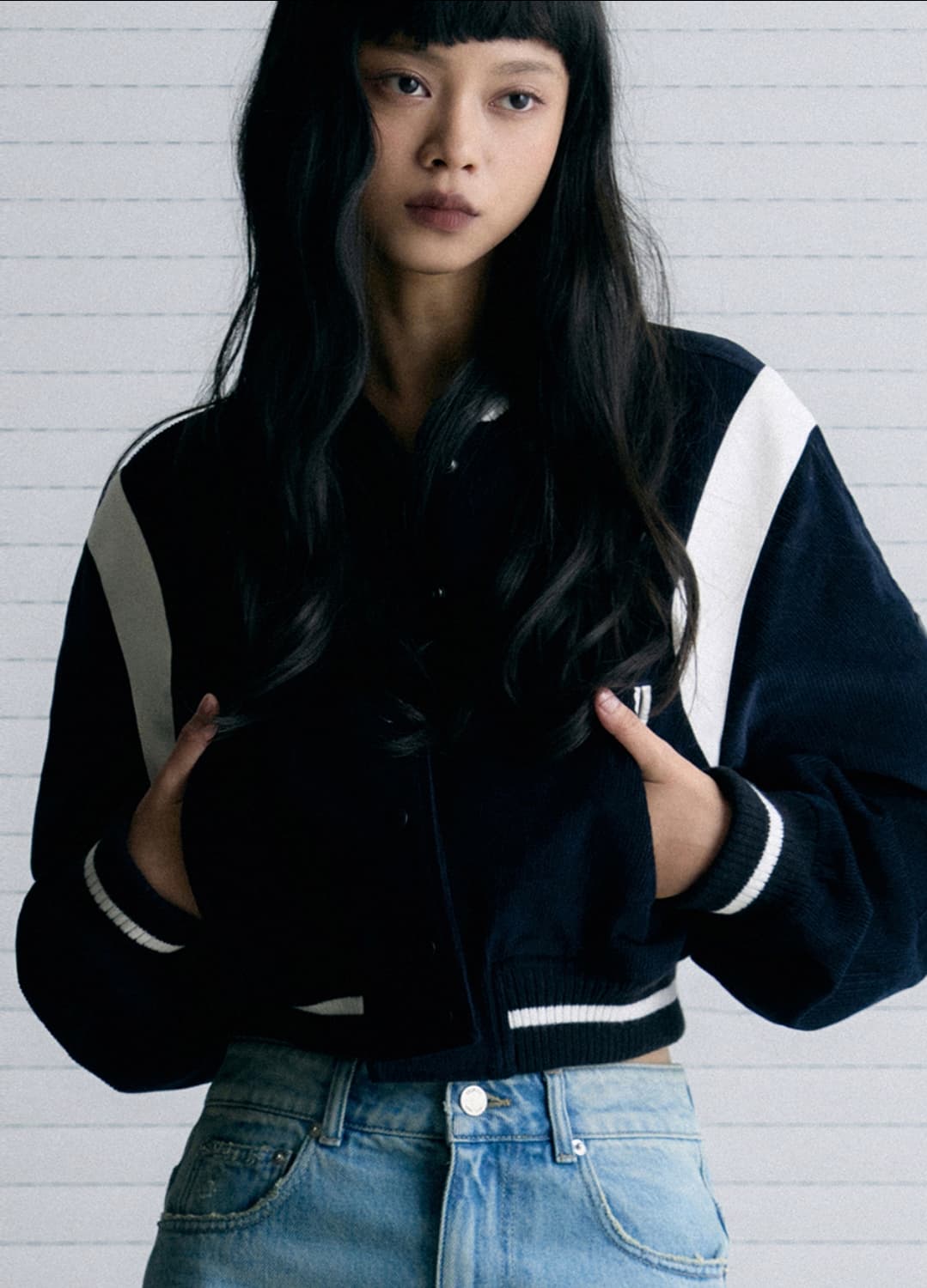 레더리 코듀로이 바시티 자켓 네이비 상품이미지1