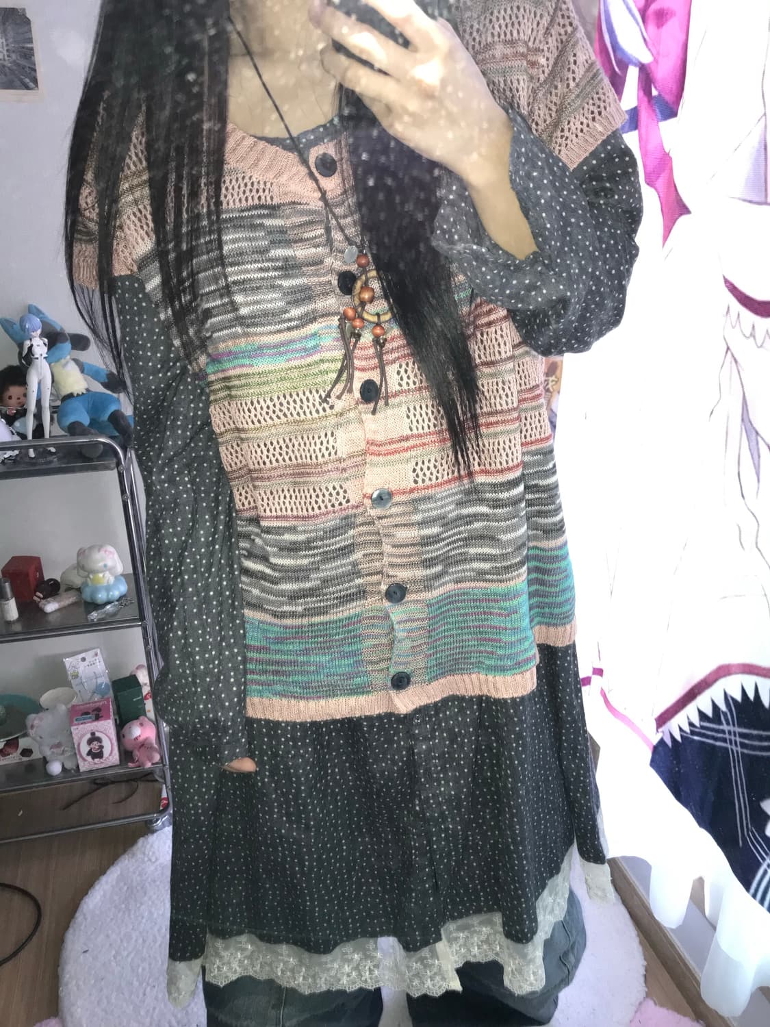 모리 하구미 줄무늬가디건+도트 원피스 세트 상품이미지4