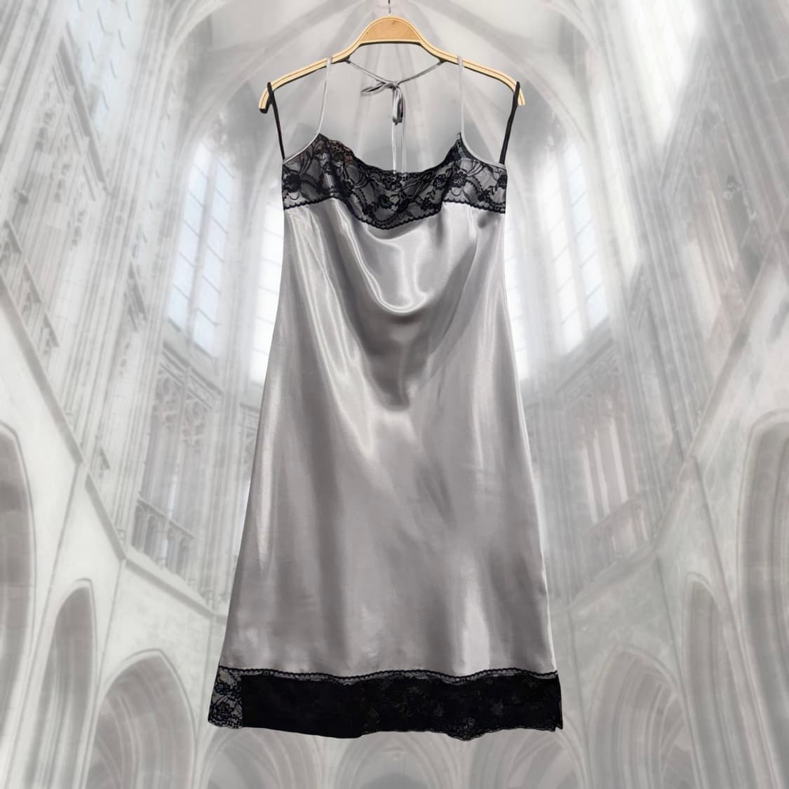 빈티지 실버 새틴 레이스 홀터넥 슬립 원피스 상품이미지5