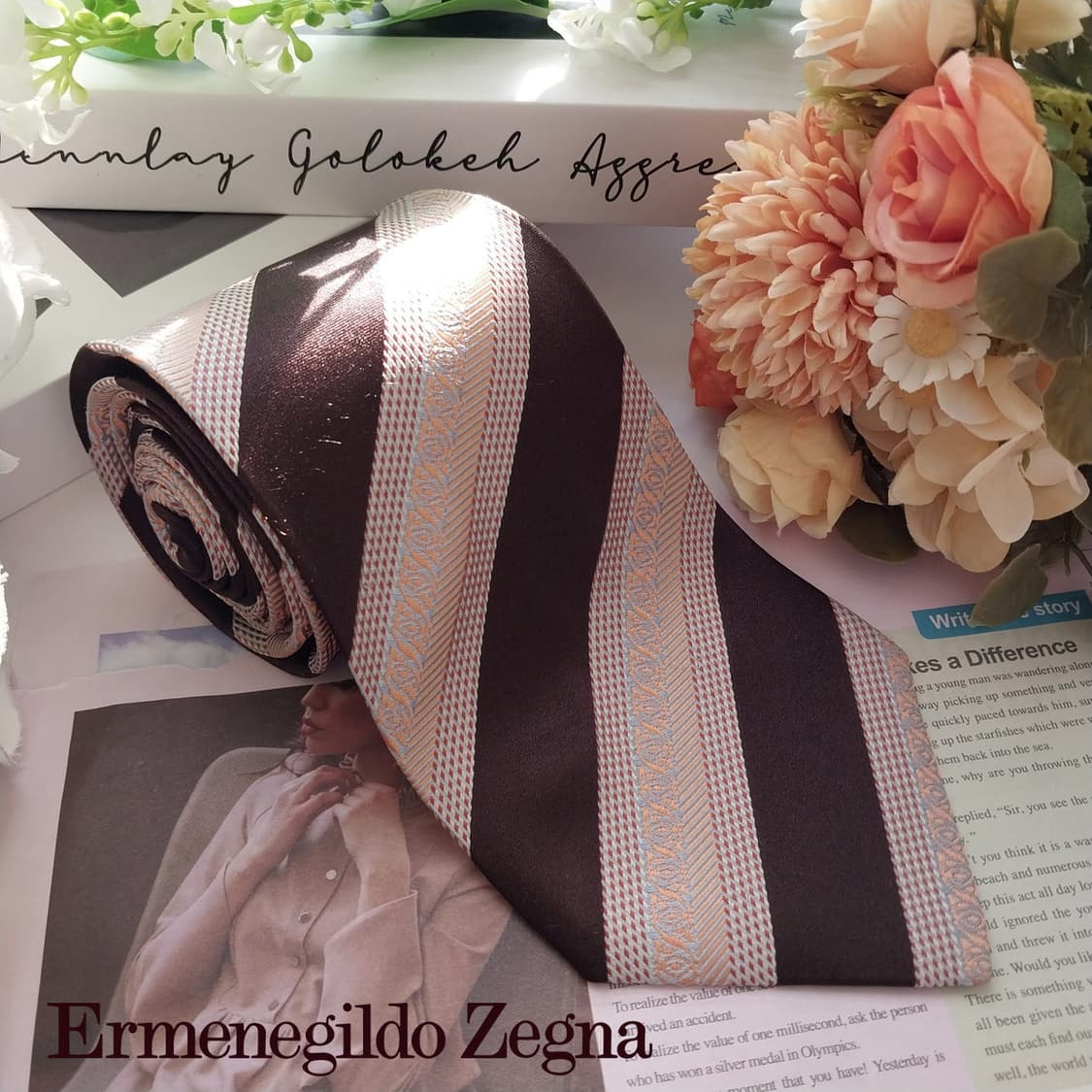 제냐 실크 브라운 자카드 스트라이프 넥타이 9.5cm A+등급 K1874 상품이미지2