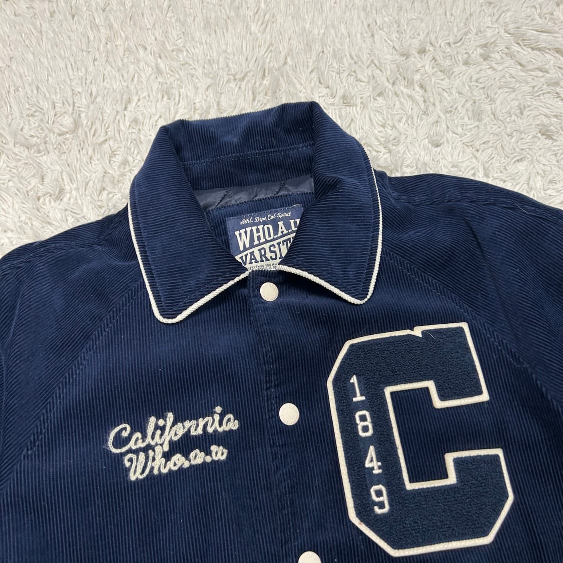 WHO A U Navy Corduroy Varsity Jacket 상품이미지5