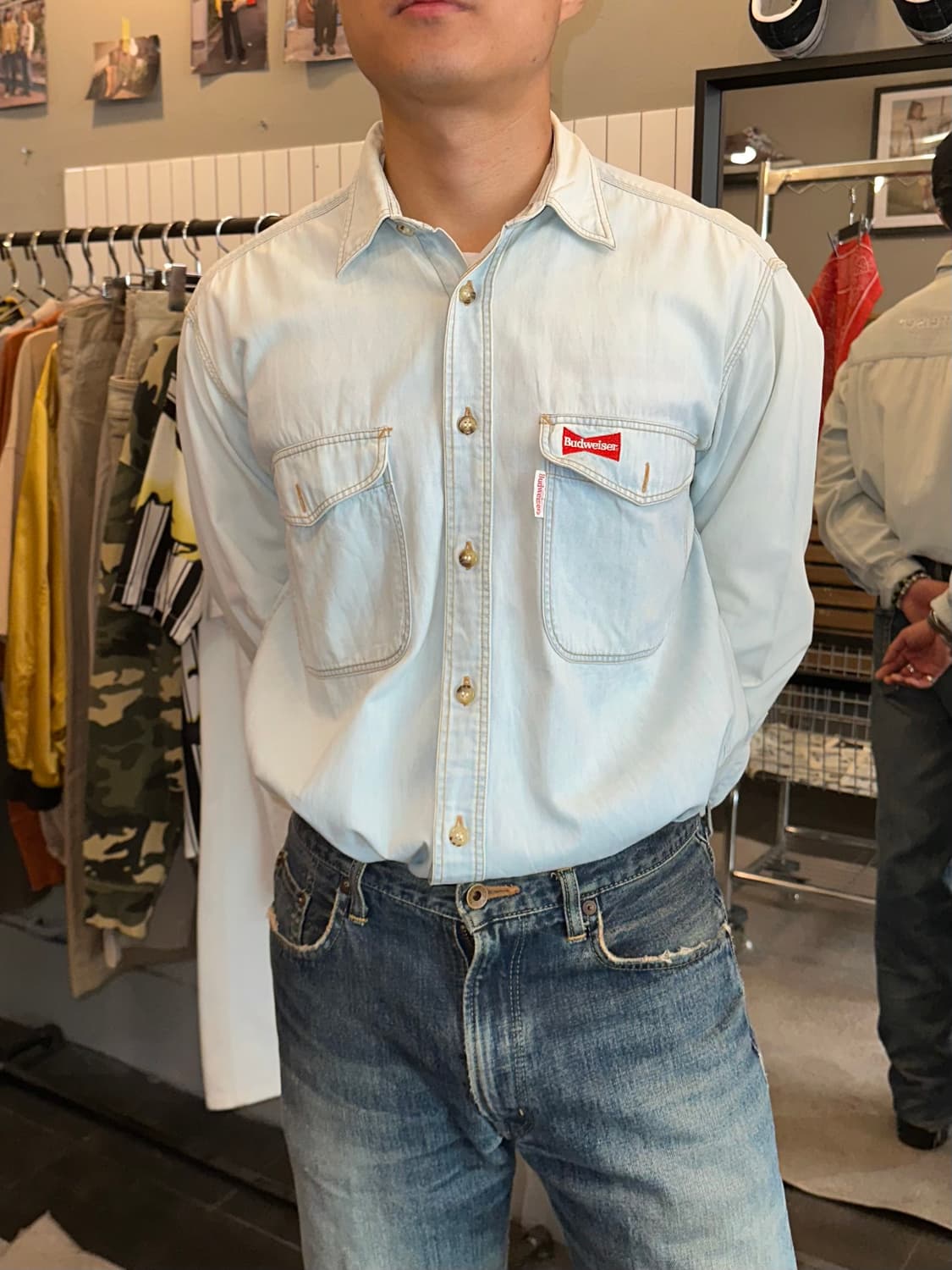90’s Budweiser logo denim washed shirt 상품이미지1