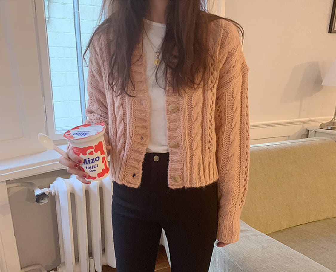 메이비베이비 디어리스트 빈티지 케이블 크롭 핑크 니트 가디건 F 상품이미지5