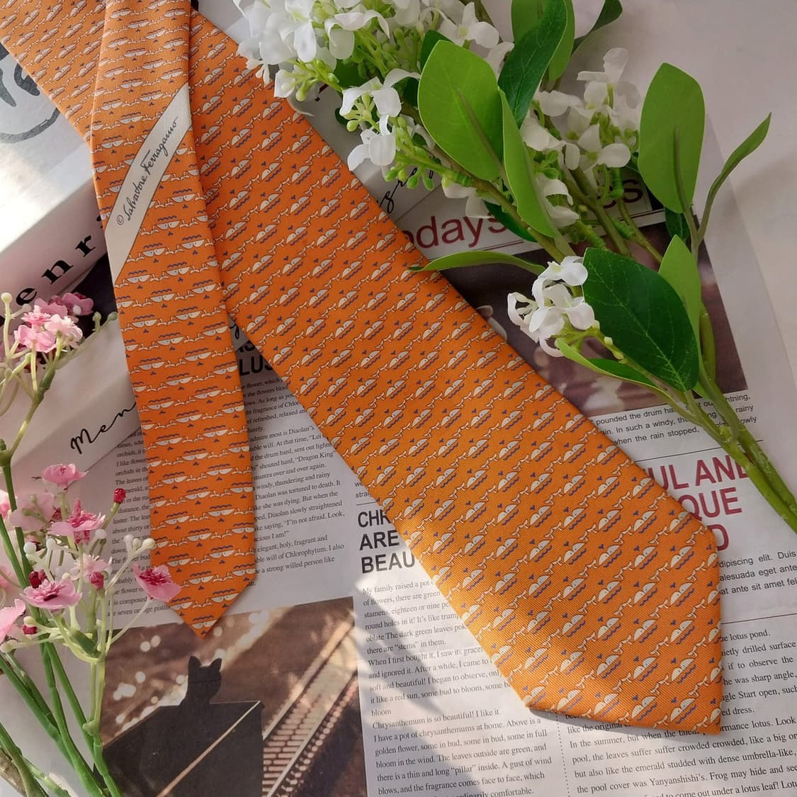 살바토레 페라가모 실크 오렌지 고래 패턴 넥타이 8cm B등급 K1633 상품이미지2