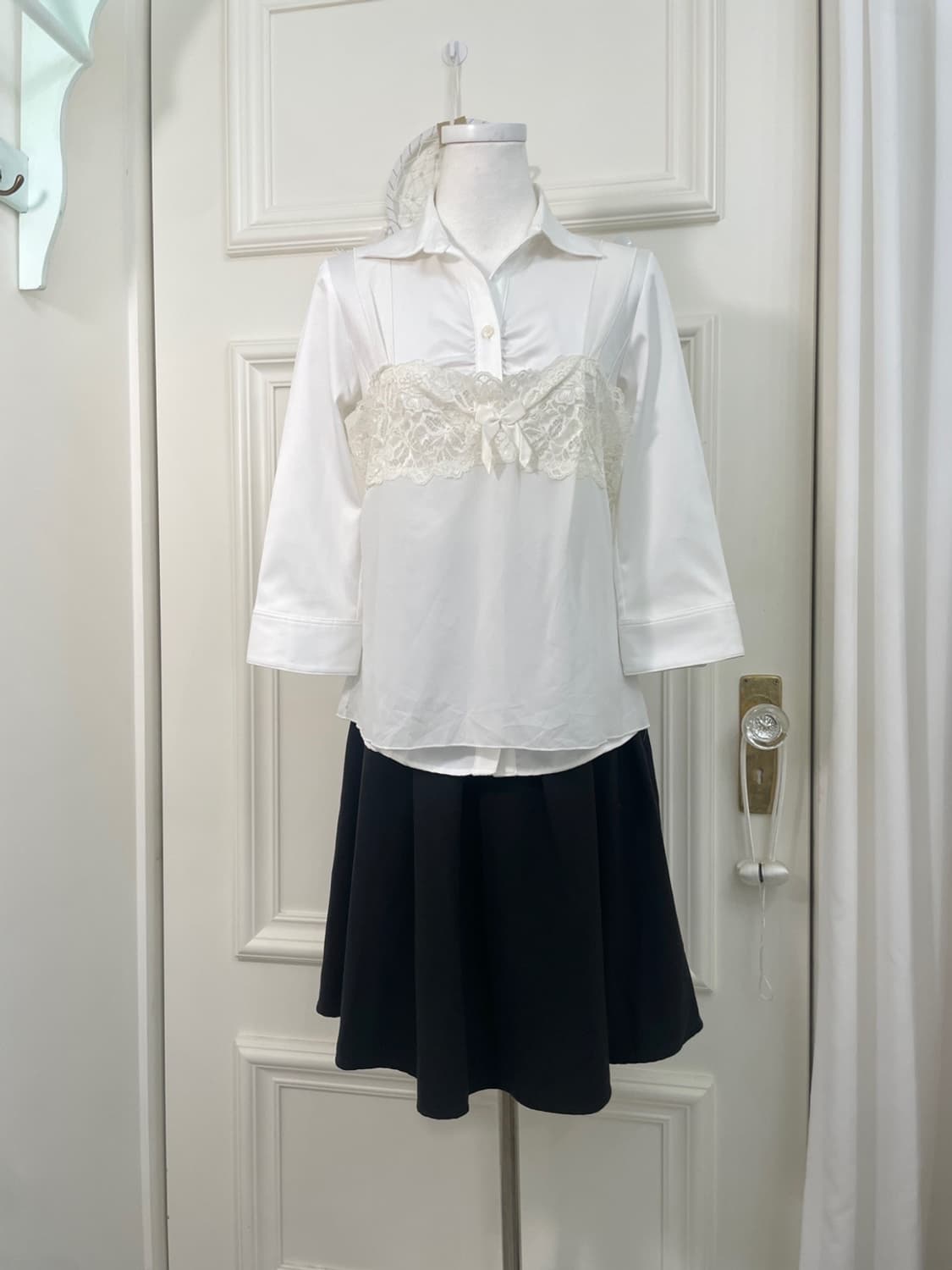 white shirring basic shirt&lace bow slip 상품이미지2