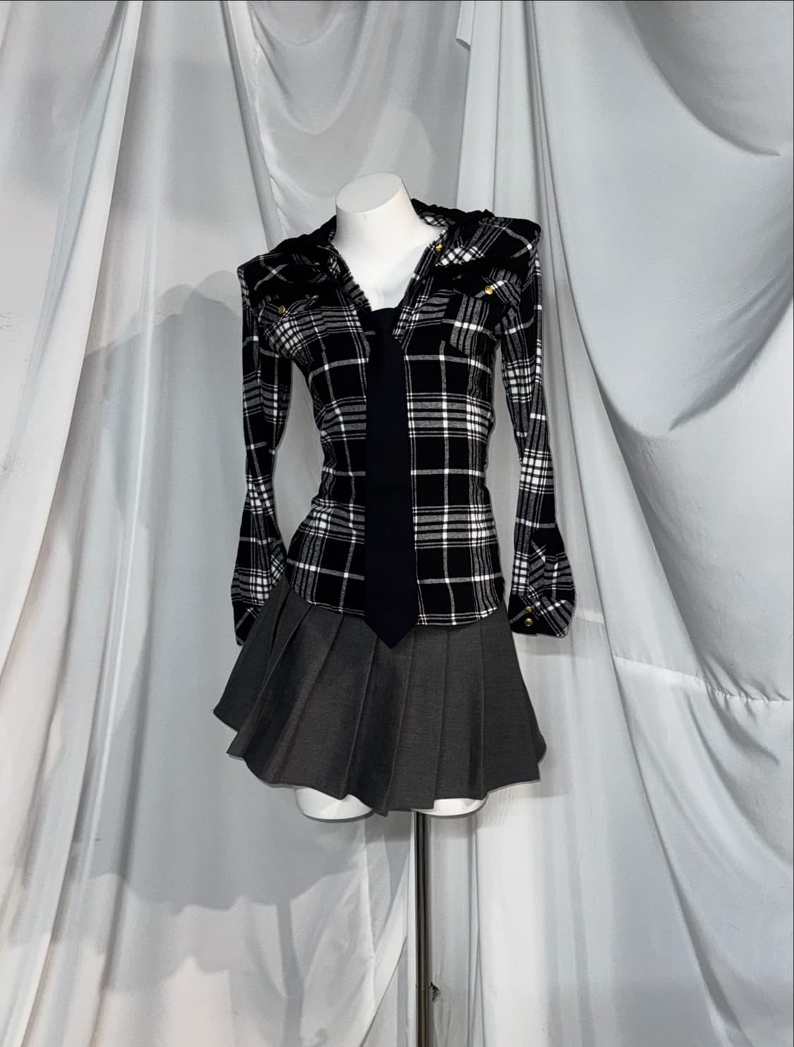 사와코깔 트랄라라 체크 무채색 니혼진 떡볶이 퍼 후드 코트 코디세트 상품이미지4