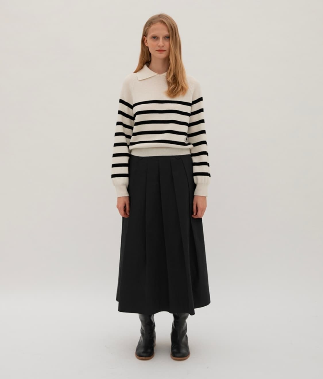 LEVAR 르바 래글런 스트라이프 카라 울 니트 아이보리 상품이미지1