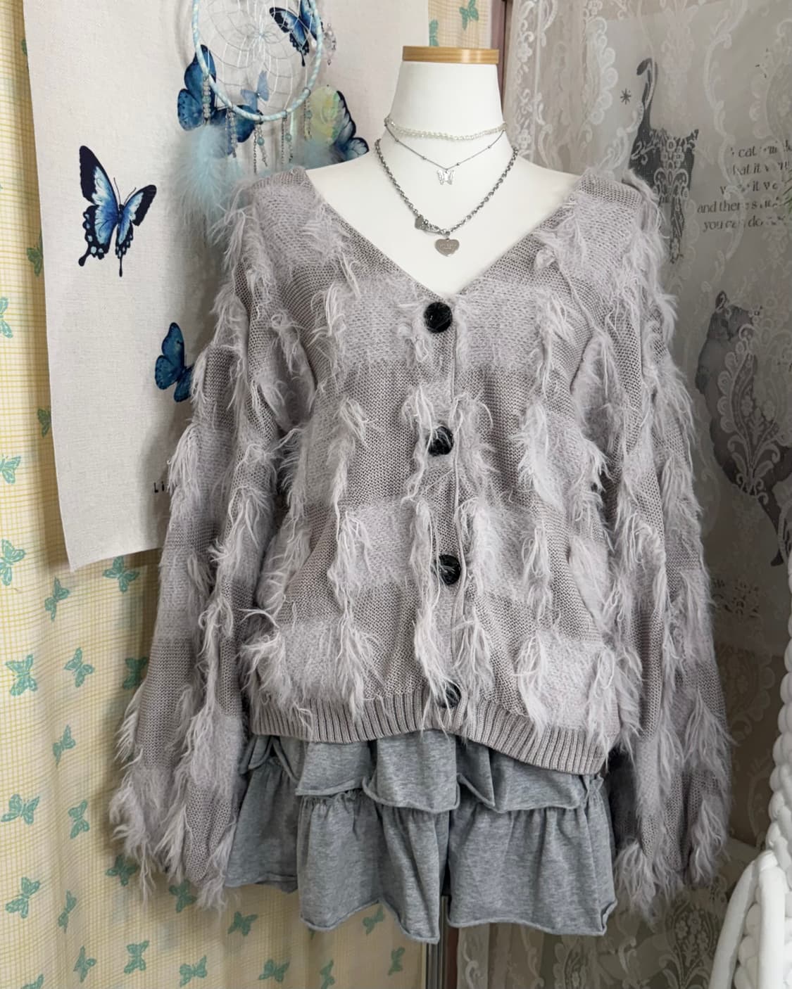 그레이 퍼 체크 브이넥 가디건 상품이미지4