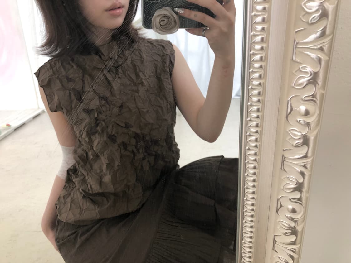 브라운 크링클 플라워 디테일 슬리브리스 상품이미지5