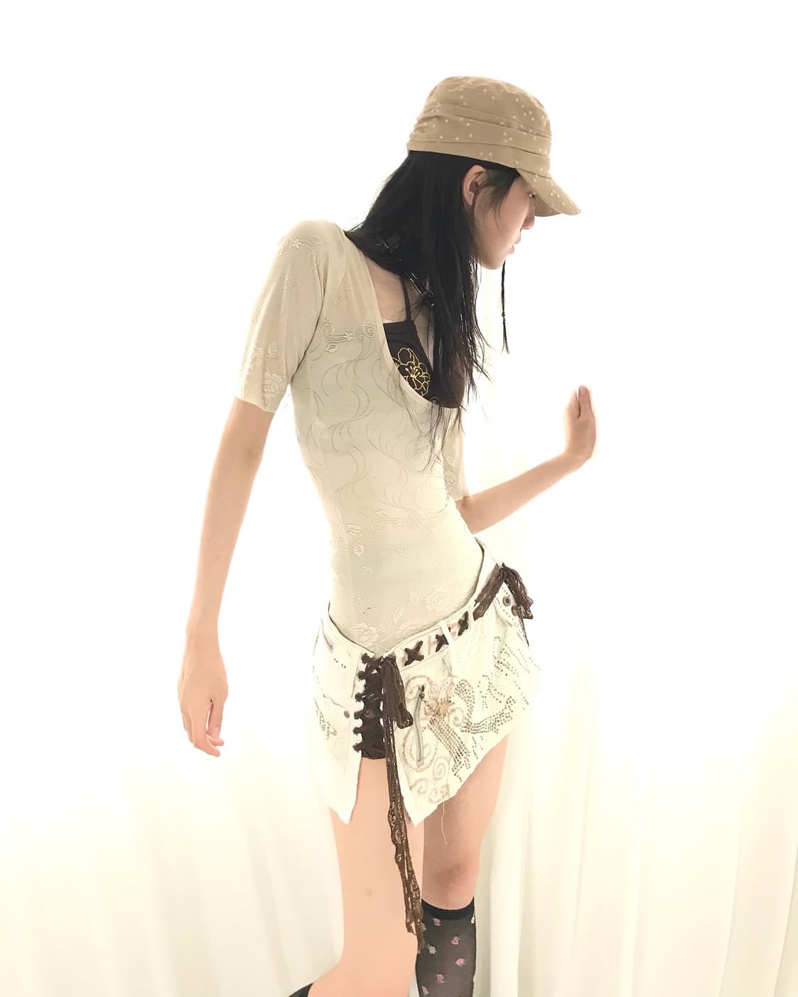 Beige star⭐️stitch shirring military cap 상품이미지5