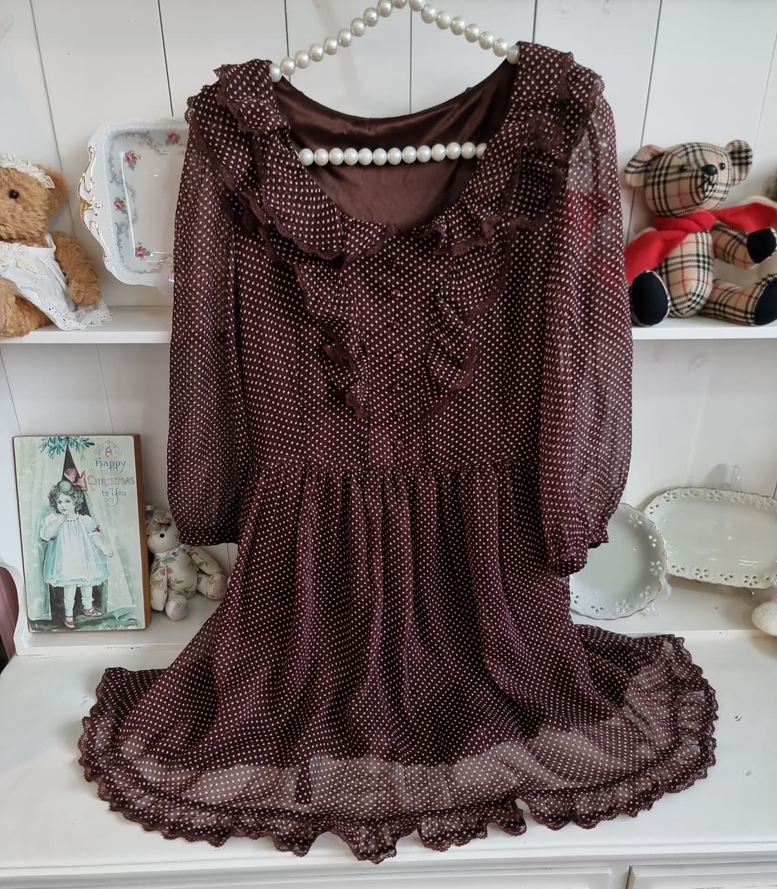 브라운 도트 쉬폰 프릴원피스 상품이미지1