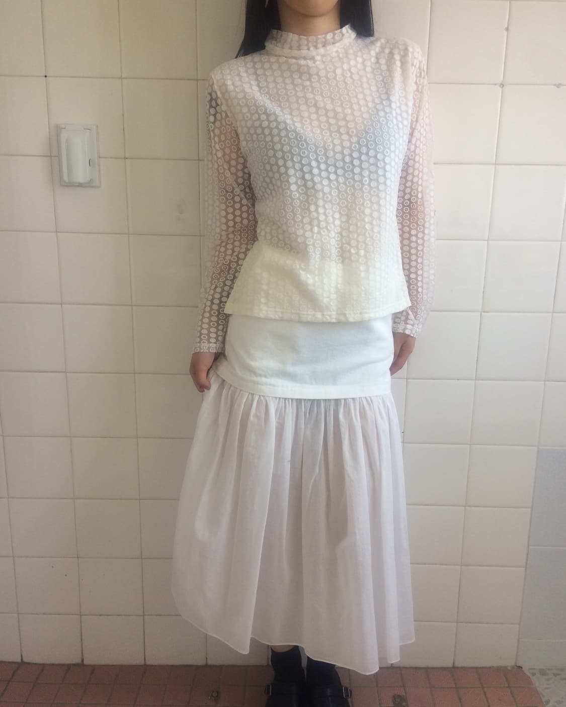Dot pattern high neck mesh sleeve 상품이미지5