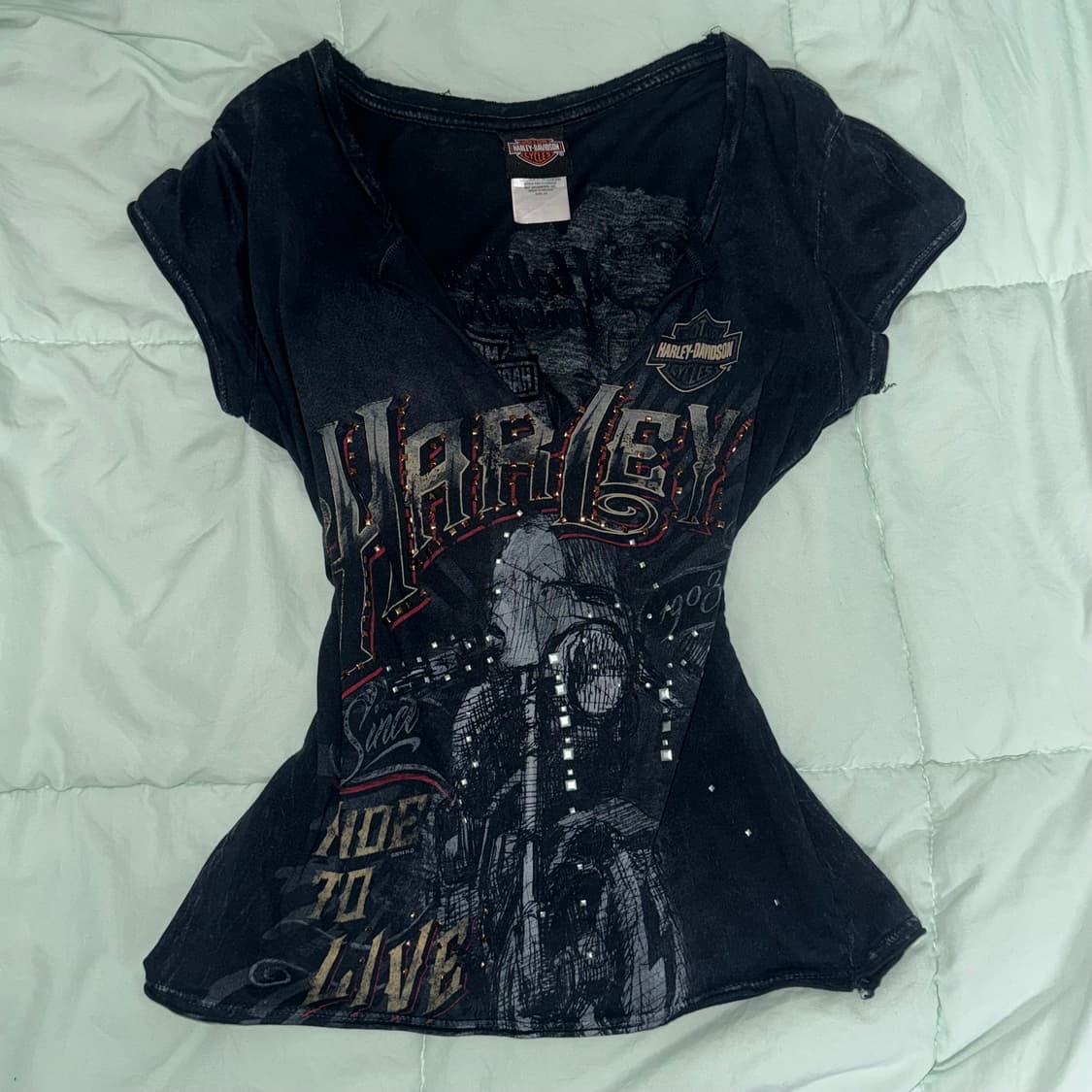 할리데이비슨 원숄더 딥 브이넥 y2k 반팔 티셔츠 상품이미지1
