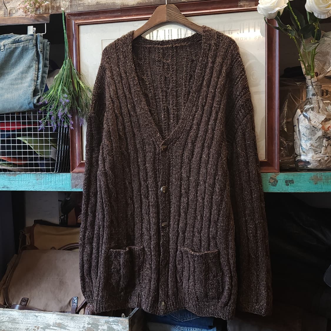 90s 프렌치 헨드메이드 울 가디건 헤비울 스웨터 빈티지 니트 꽈배기 L 상품이미지2