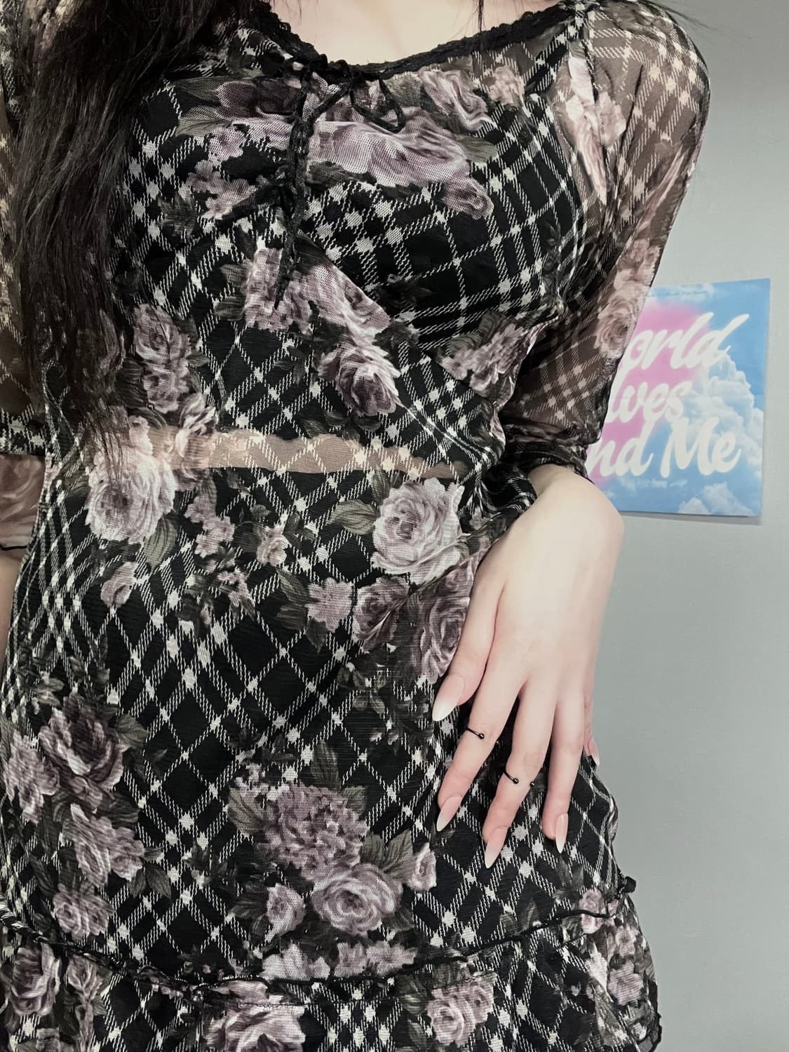 블랙 엔틱 고딕 로즈 장미 프릴 레이스 셔링 쉬폰 레이어드 블라우스 상품이미지7