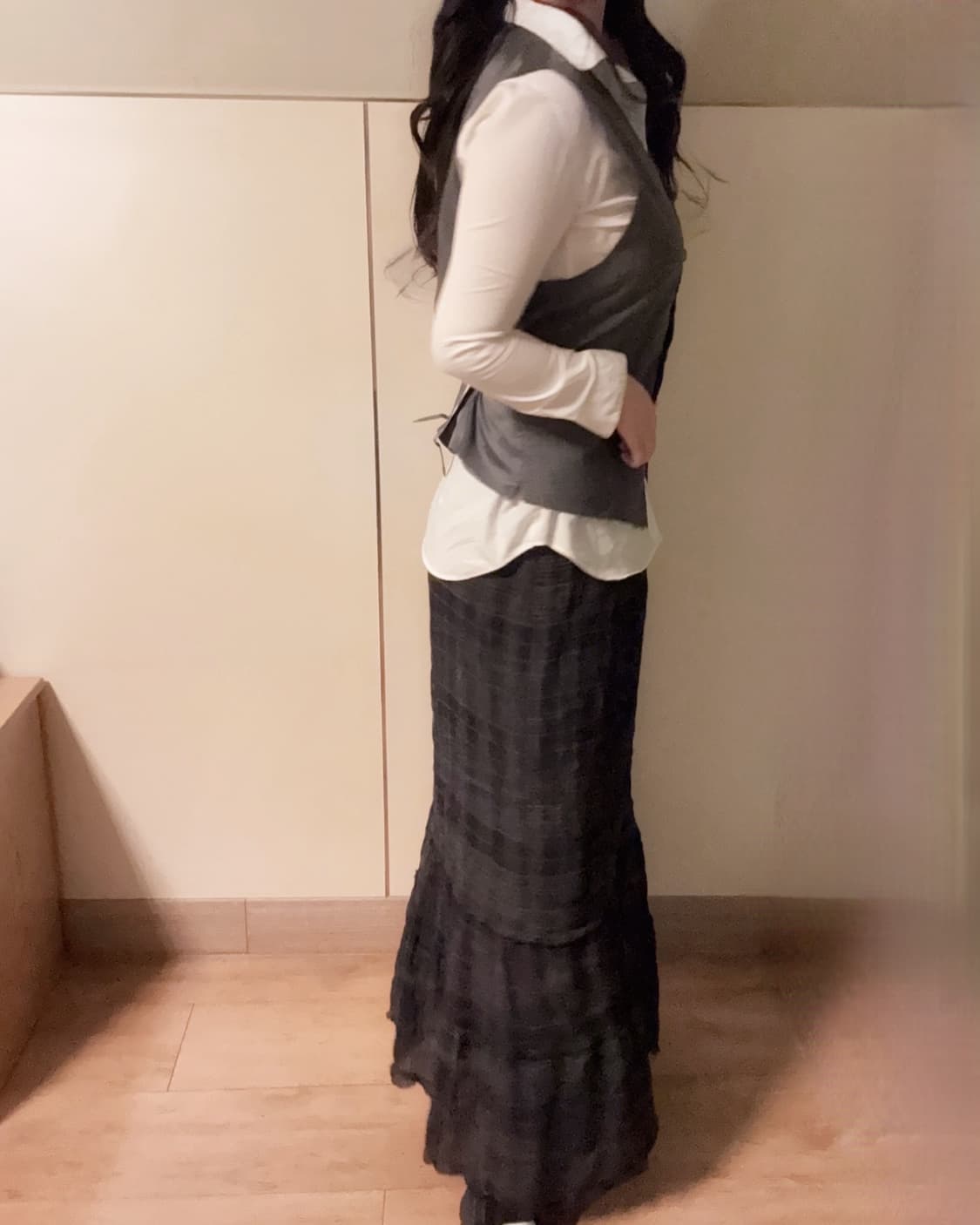 긱시크 프레피 핀터깔 베스트 장미 포인트 체크 롱스커트 코디세트 상품이미지3