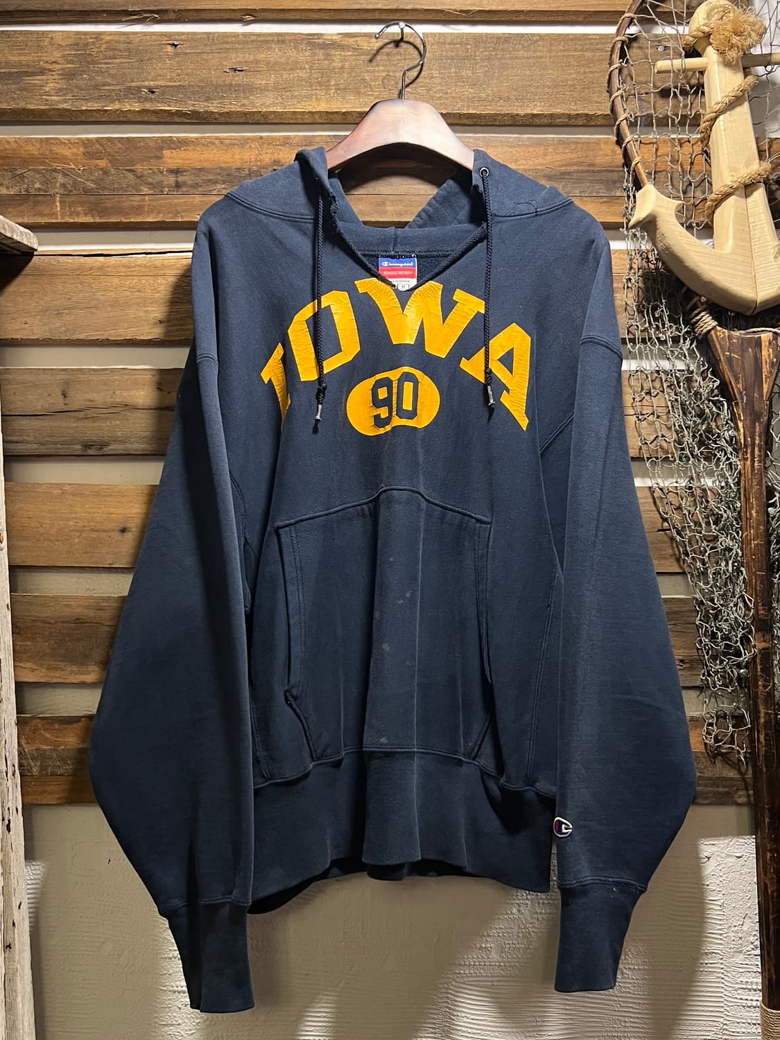 [L]90's 챔피온 리버스위브 IOWA 90 프린팅 네이비 후드 티셔츠 상품이미지1