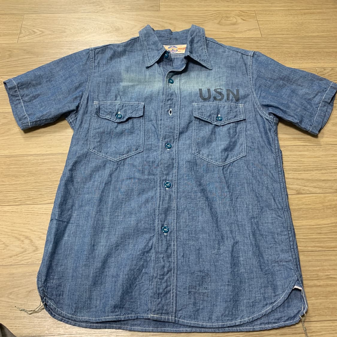 90-95)Real McCoy's 리얼맥코이 USN 샴브레이 반팔 셔츠 상품이미지1