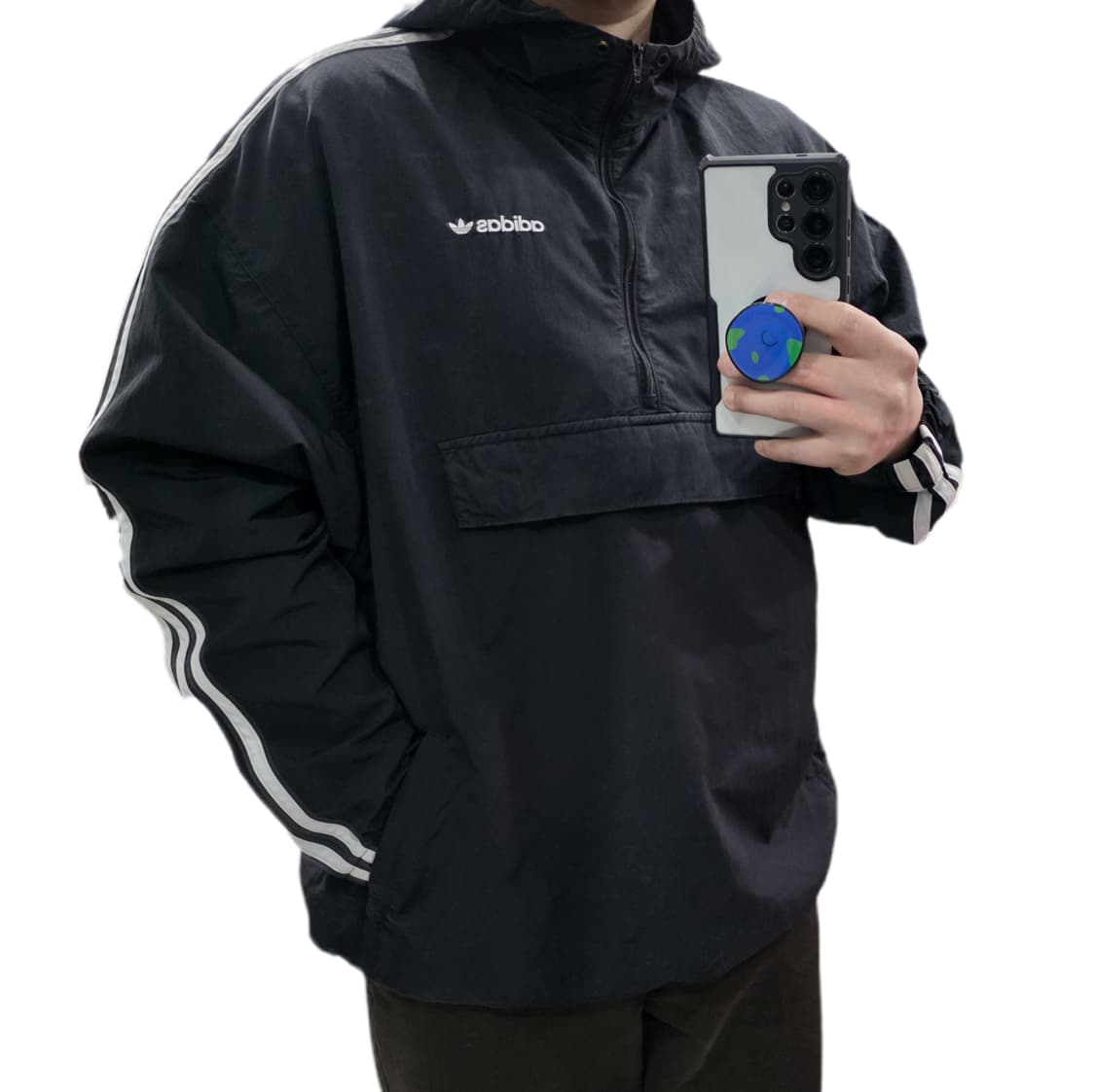 L 아디다스 검흰 삼선 오버핏 후드 아노락 바람막이 (사진참고) 상품이미지1