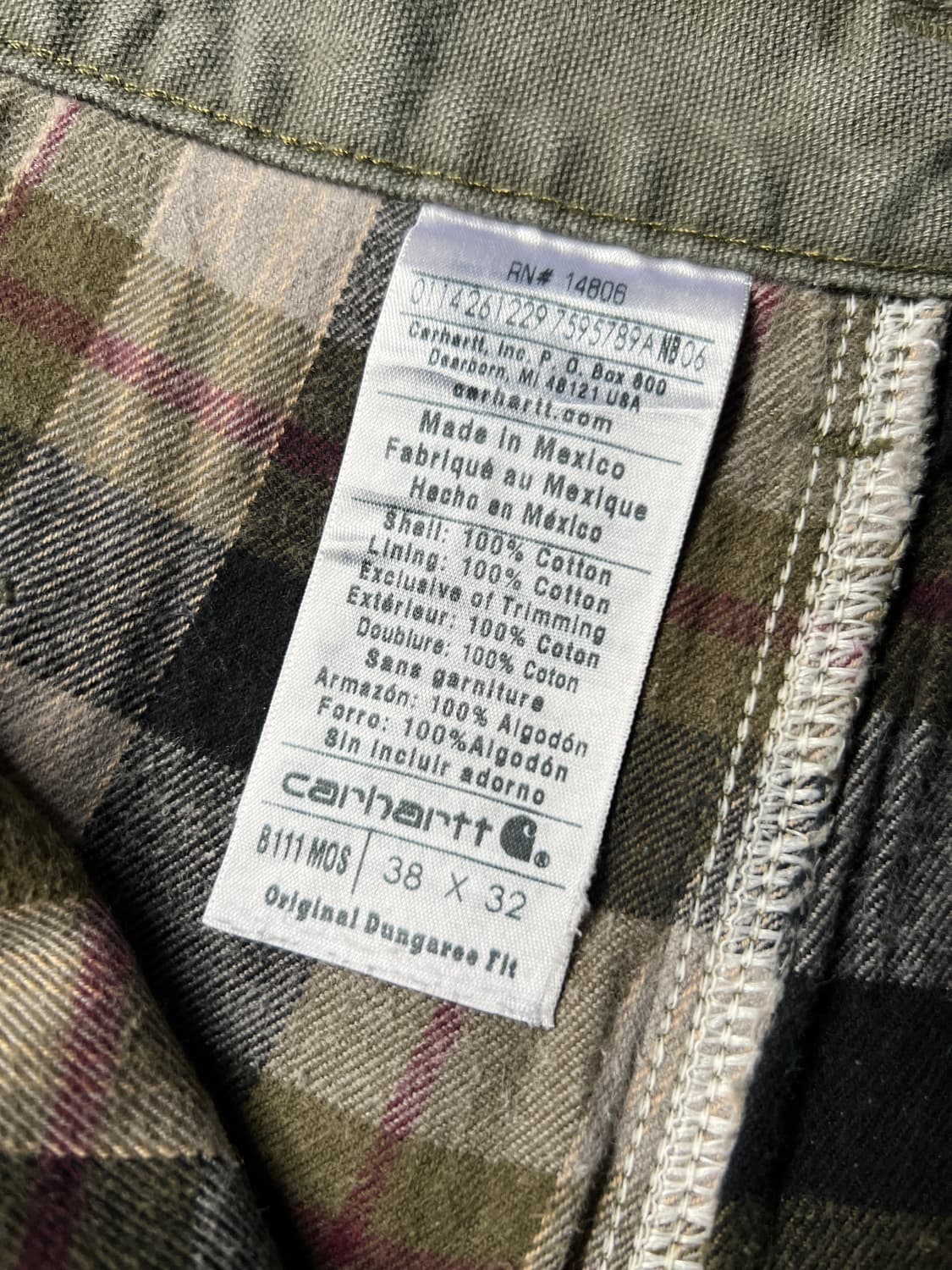 [38]칼하트 USA 체크 라이닝 모스그린 싱글니 카펜터 워크 팬츠 상품이미지4