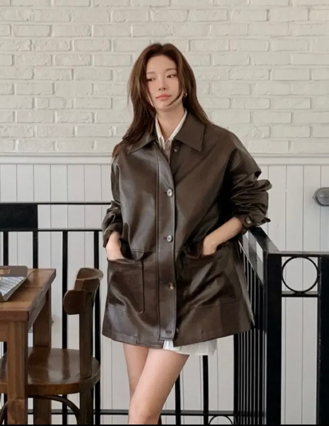 카라 포켓 하프 레더 자켓 브라운 상품이미지3