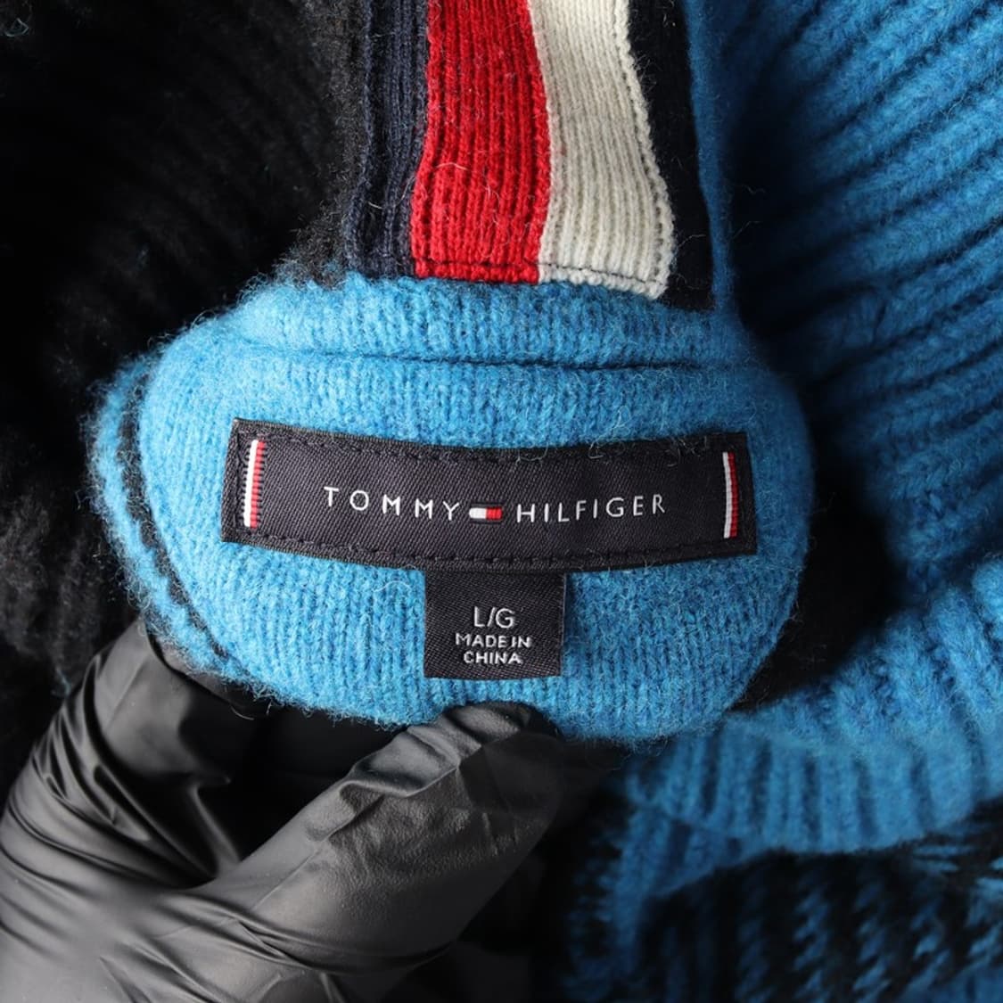 타미힐피거 블루 블록 체크 울 터틀넥 니트 L 상품이미지5