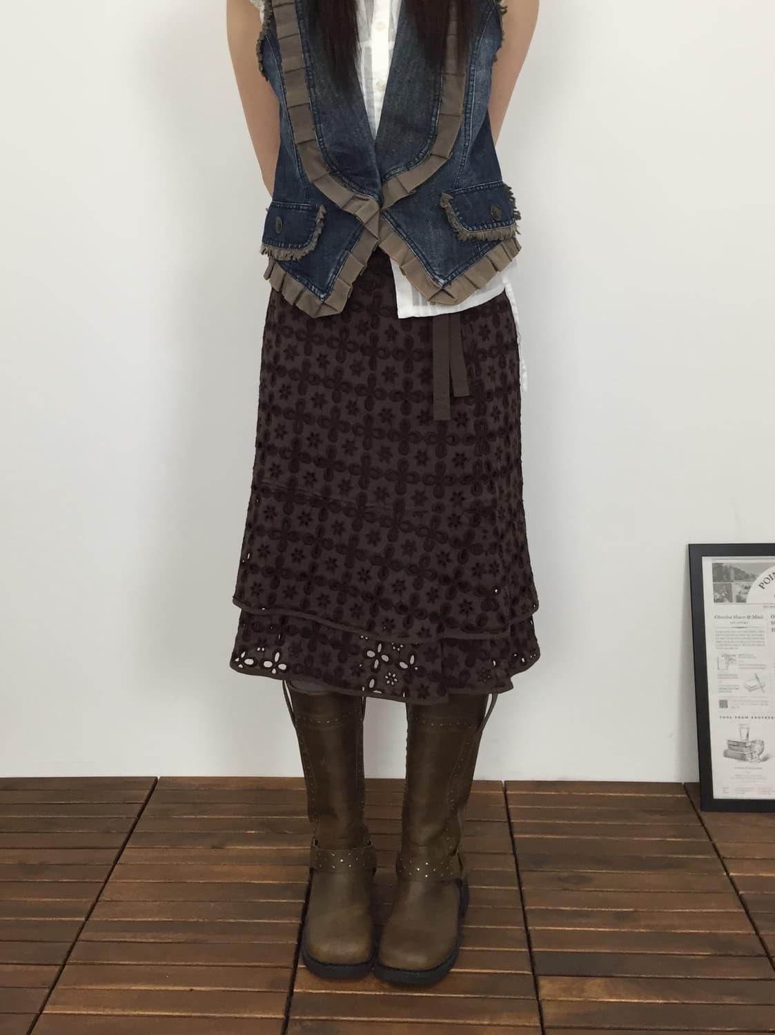 Jpn Brown Floral Punching Tiered Skirt 상품이미지1