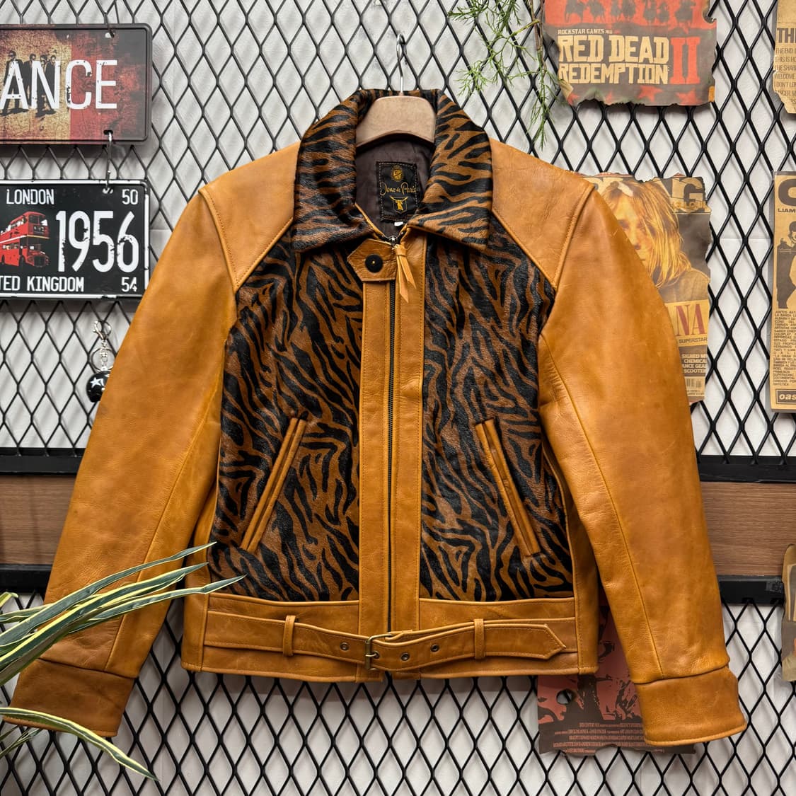 90s USA VINTAGE 송치 레더 자켓 호랑이 호피 패턴 브라운 상품이미지1