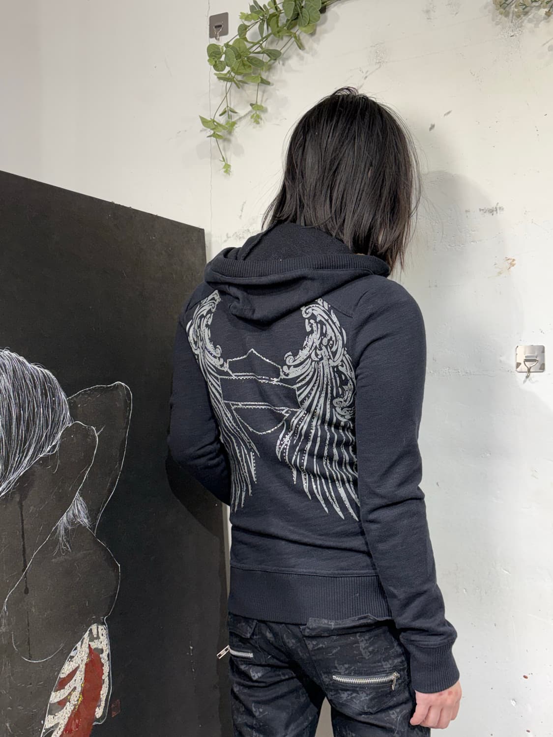 할리데이비슨 큐빅 y2k 날개 자수 후드 집업 XS 상품이미지3