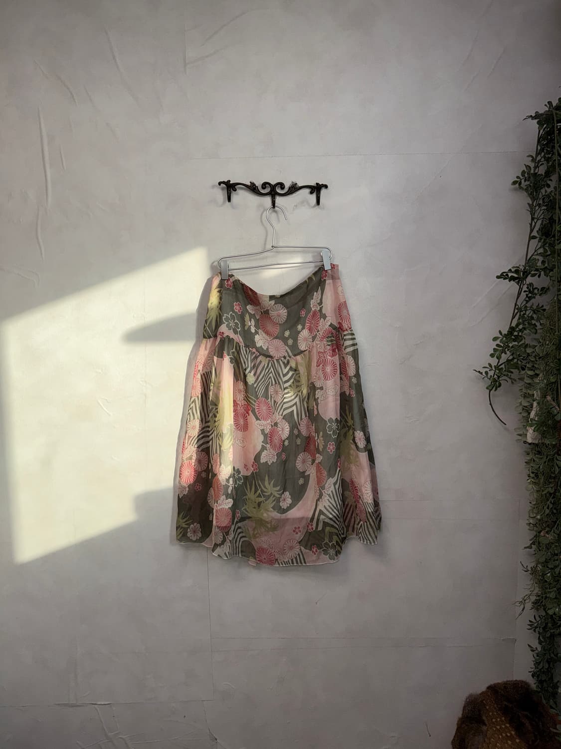 Pink khaki oriental floral flare skirt 상품이미지2