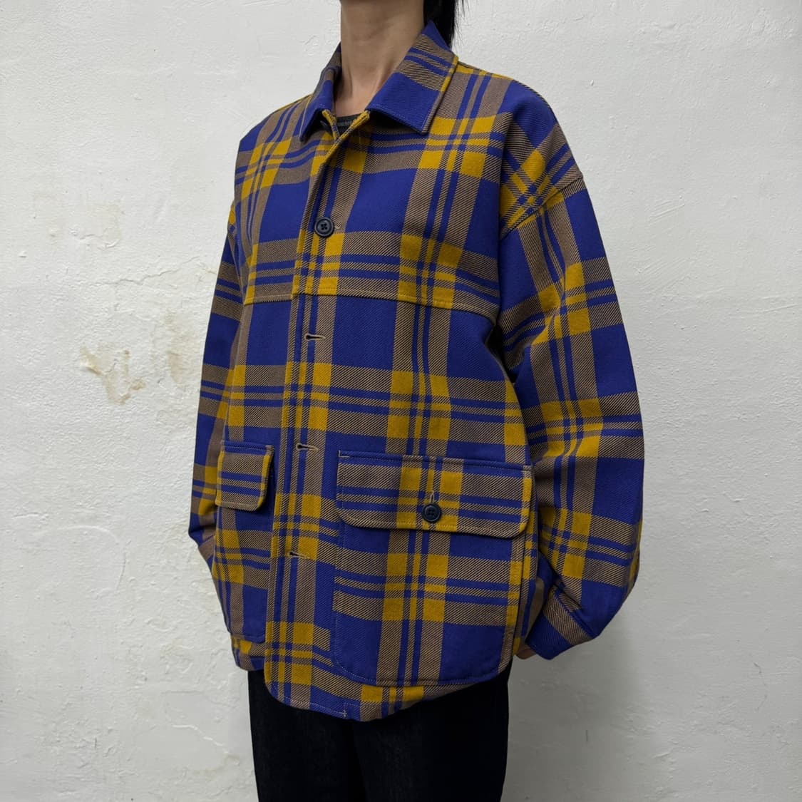 빔즈(BEAMS) 블루 머스타드 체크 패턴 코튼 빅실루엣 커버올 자켓 상품이미지1