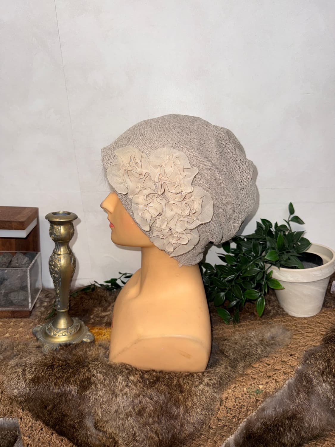 Ash beige flower loose knit beanie 상품이미지2