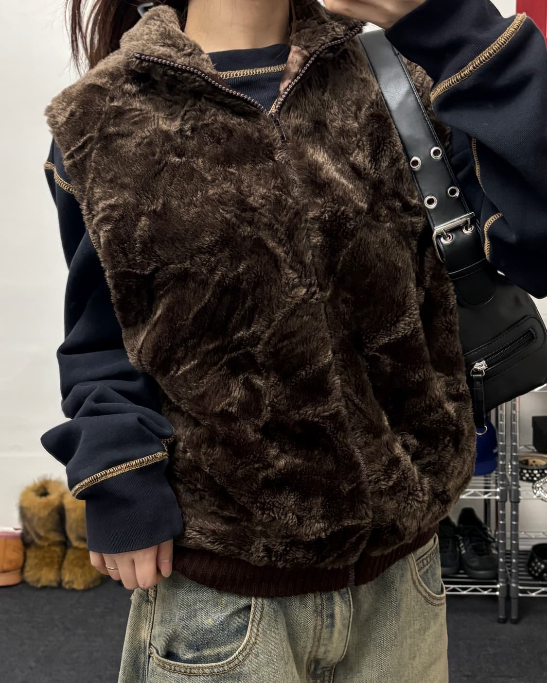 올드 빈티지 브라운 퍼 집업 베스트 상품이미지1