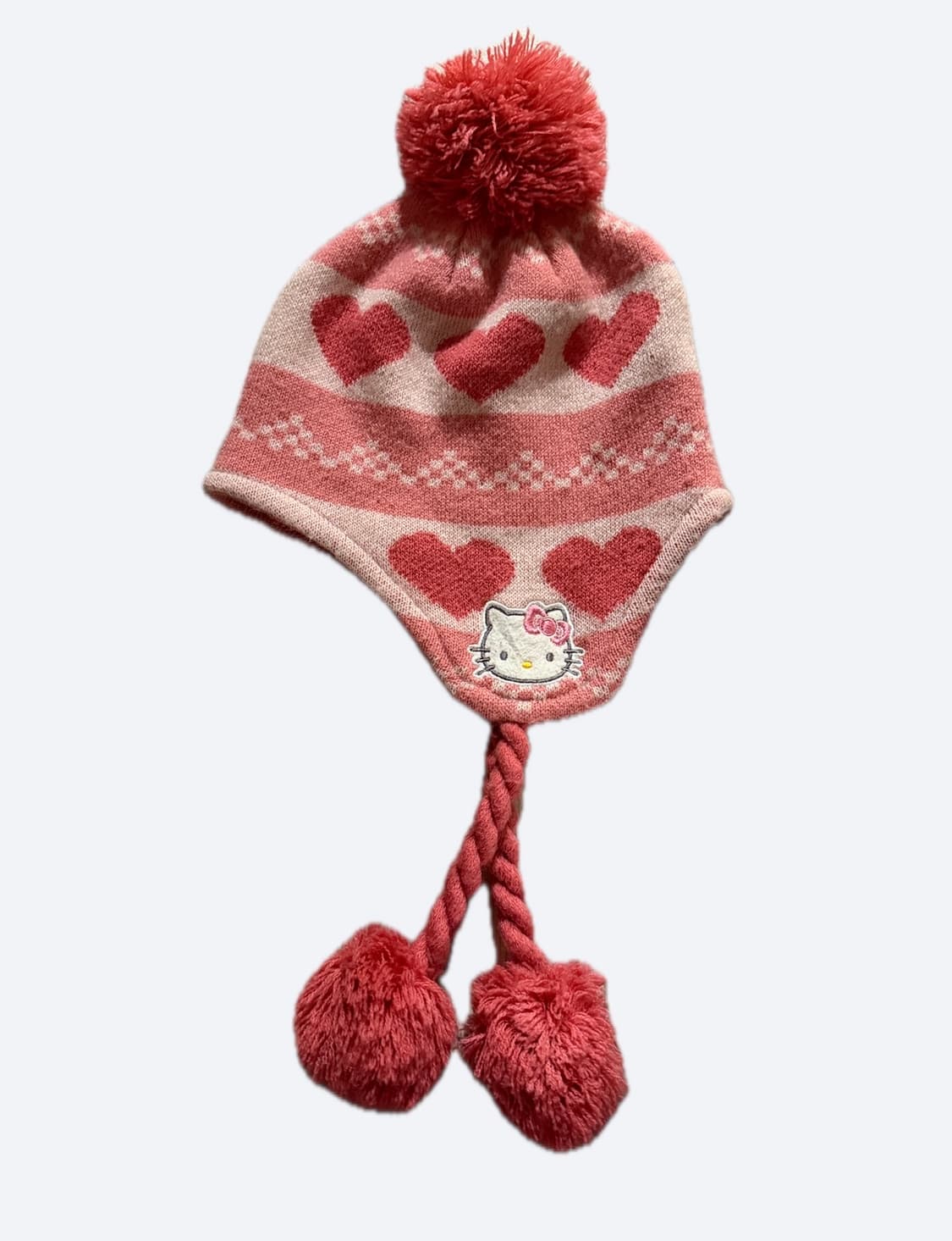 산리오 일본 정품) 헬로키티 하트 폼폼 귀도리 이어플랩 비니 모자 상품이미지1