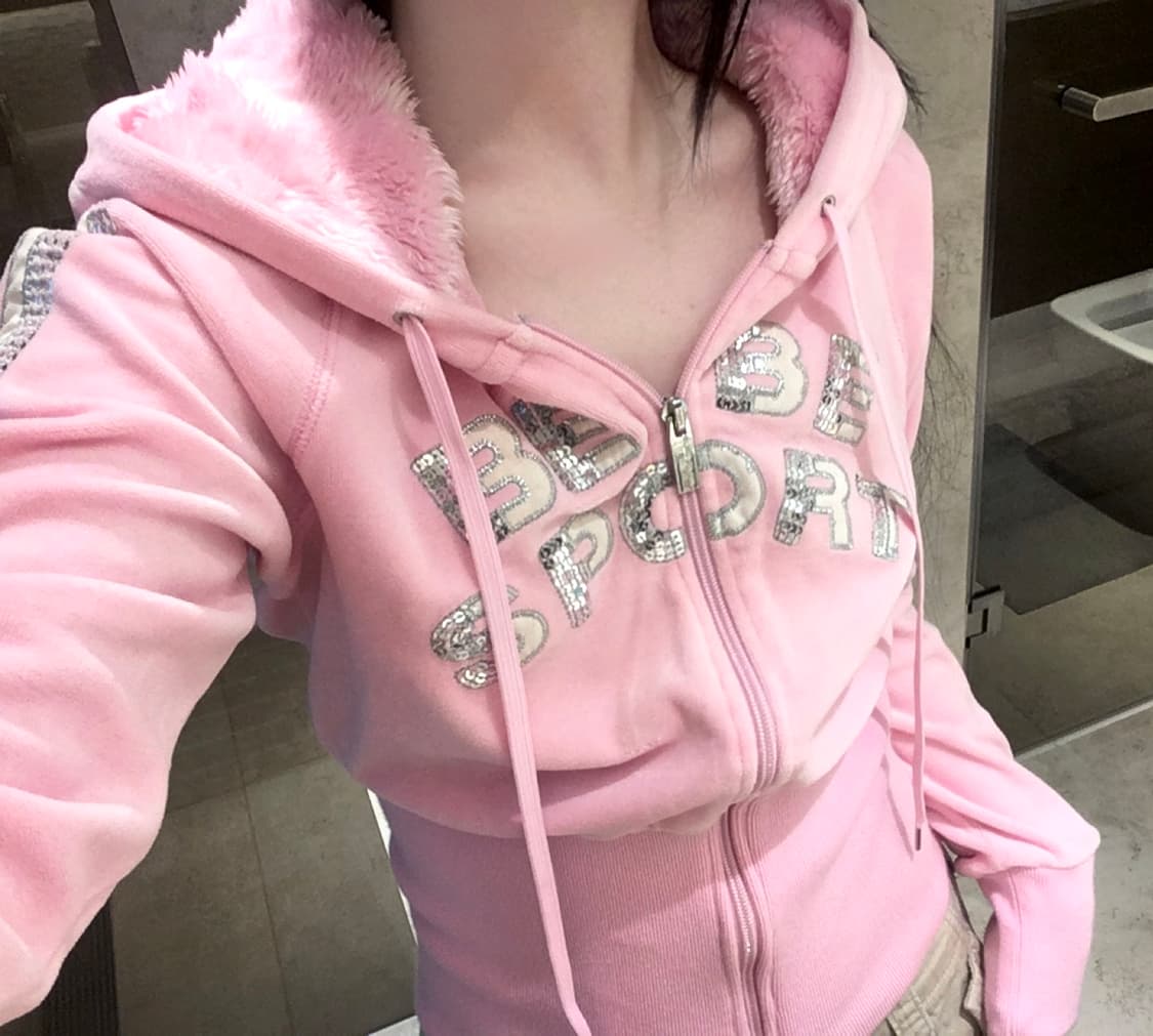 BEBE SPORT 핑크 퍼 후드집업 핀터레스트 갸루 y2k 00s 상품이미지2