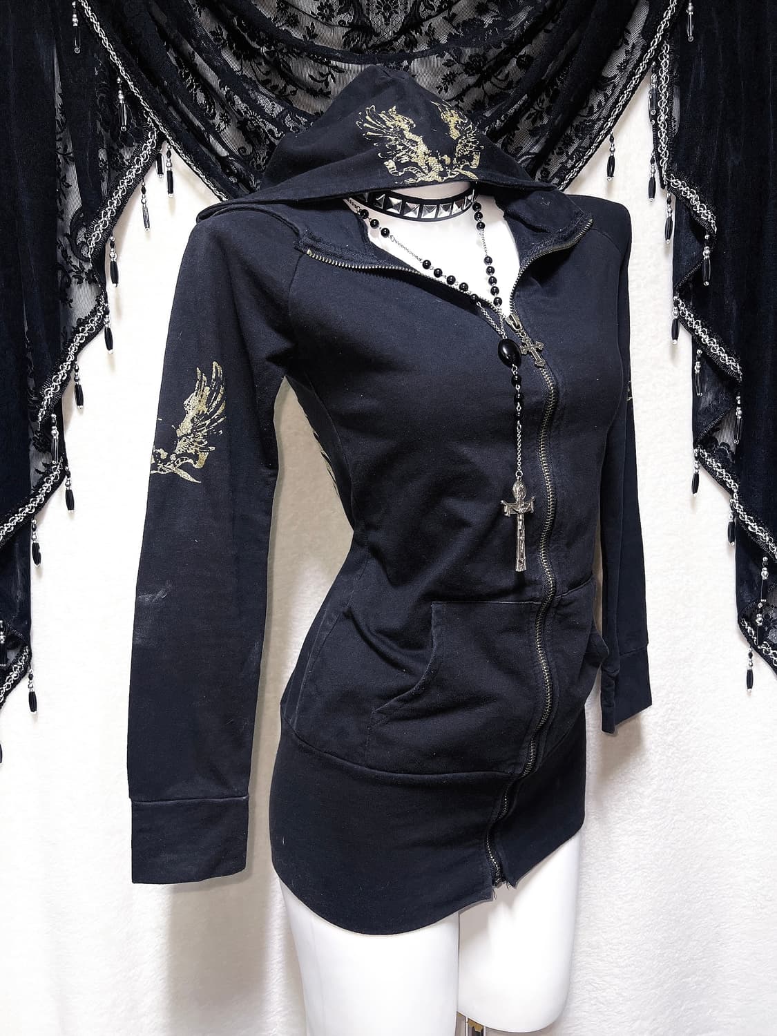 오네갸루 고스펑크 y2k 00 그런지 핀터 날개 윙 프린팅 후드집업원피스 상품이미지4