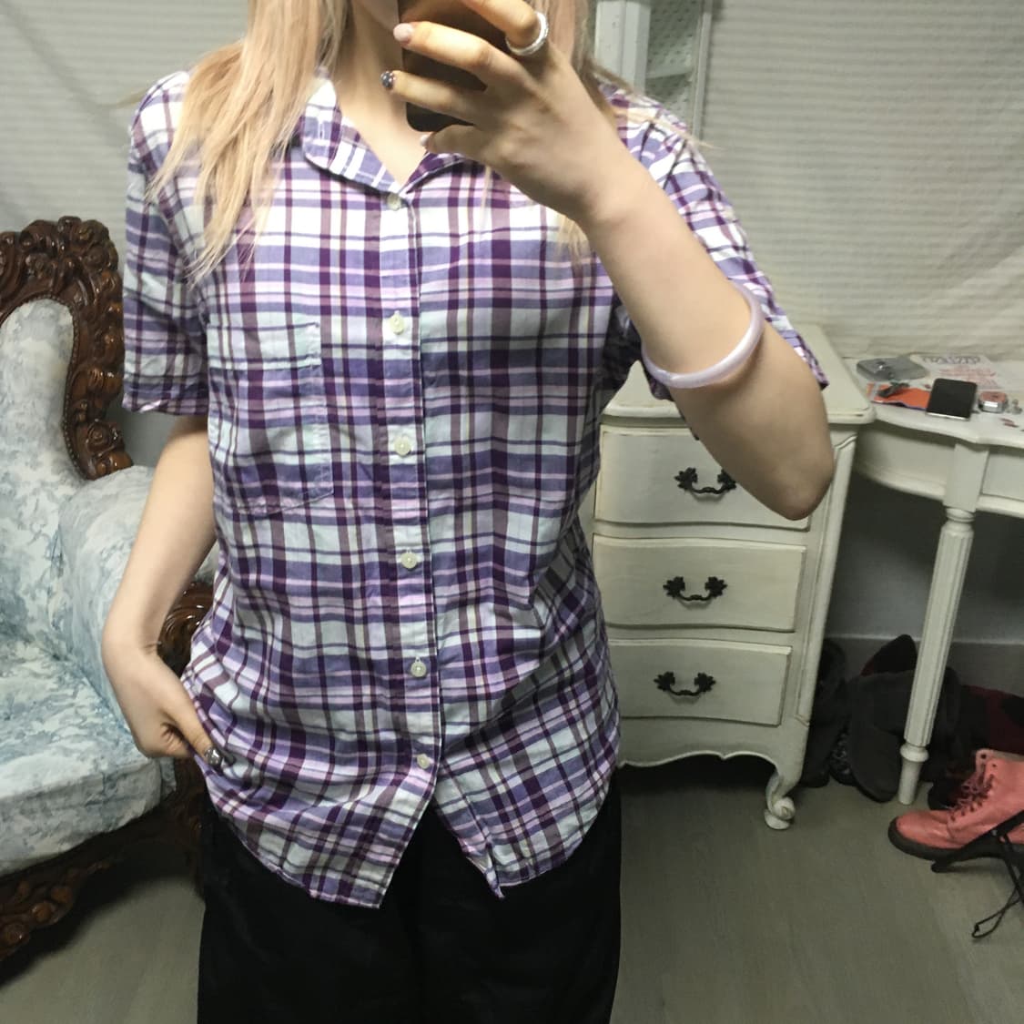 일본빈티지 퍼플 체크 셔츠 상품이미지2