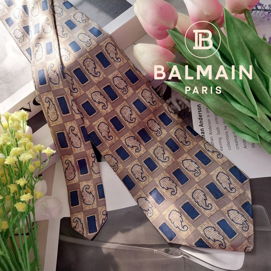 발망 실크 베이지&브라운&블루 패턴 넥타이 9.3cm A+등급 K1365 상품이미지1