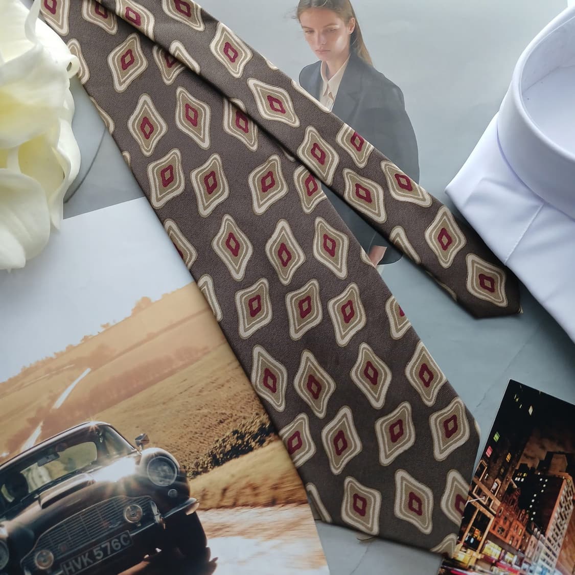 아쿠아스큐텀 브라운 다이아몬드 패턴 넥타이 9.4cm A등급 A18573 상품이미지3
