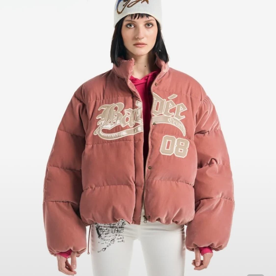 배디 벨루어 바시티 자켓 숏 패딩 핑크 badee L 상품이미지1